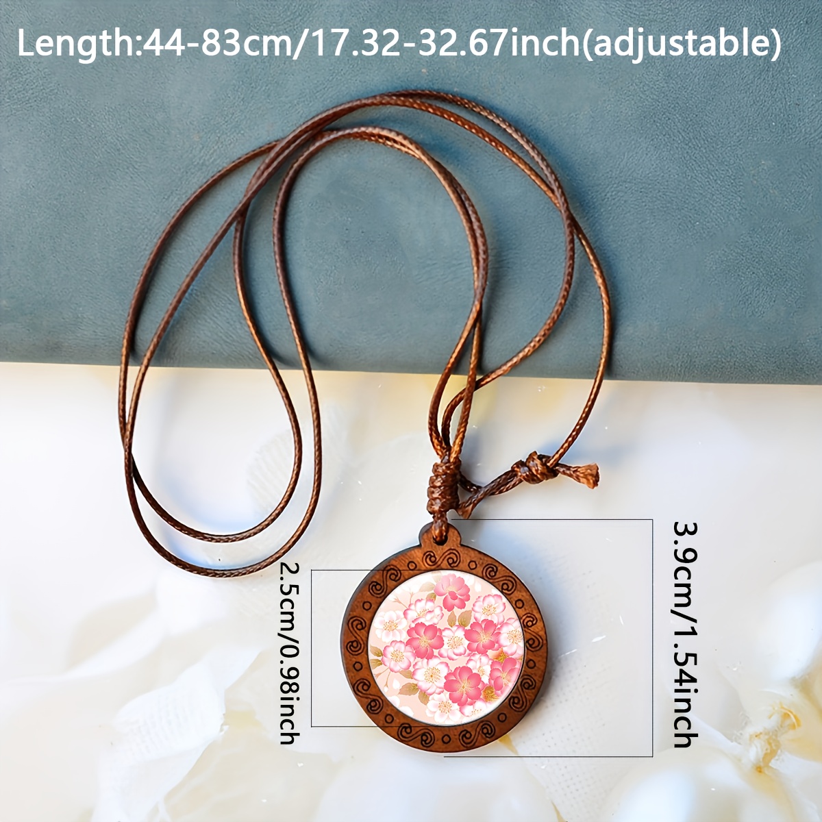 Handmade Pink Floral Pattern Wooden Pendant Necklace
